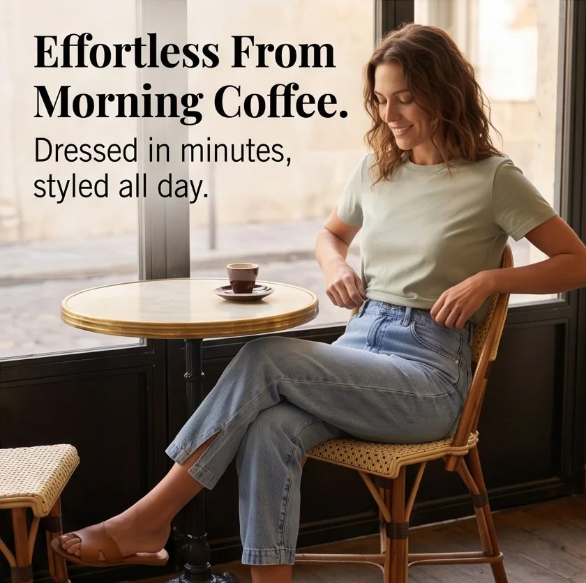 Light Blue Women's High-Waisted Cropped Barrel Jeans — Allie Relaxed Curved-Seam Pockets - Seated Cafe Lifestyle