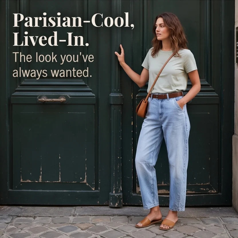 Light Blue Women's High-Waisted Cropped Barrel Jeans — Allie Relaxed Curved-Seam Pockets - Standing Doorway Text Overlay