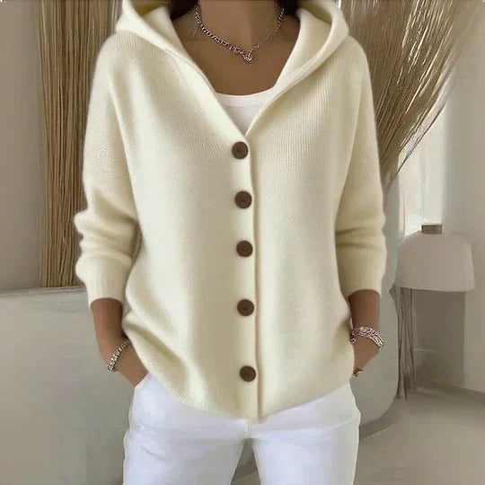 Beige Women's Hooded Button-Front Cardigan — Henrietta Cozy Knit Relaxed-Fit - Front Pose