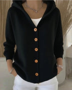 Black Women's Hooded Button-Front Cardigan — Henrietta Cozy Knit Relaxed-Fit - Front Full Alt