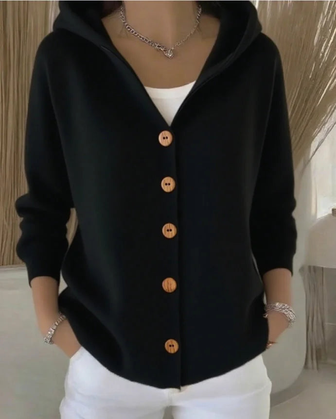 Black Women's Hooded Button-Front Cardigan — Henrietta Cozy Knit Relaxed-Fit - Front Full Alt