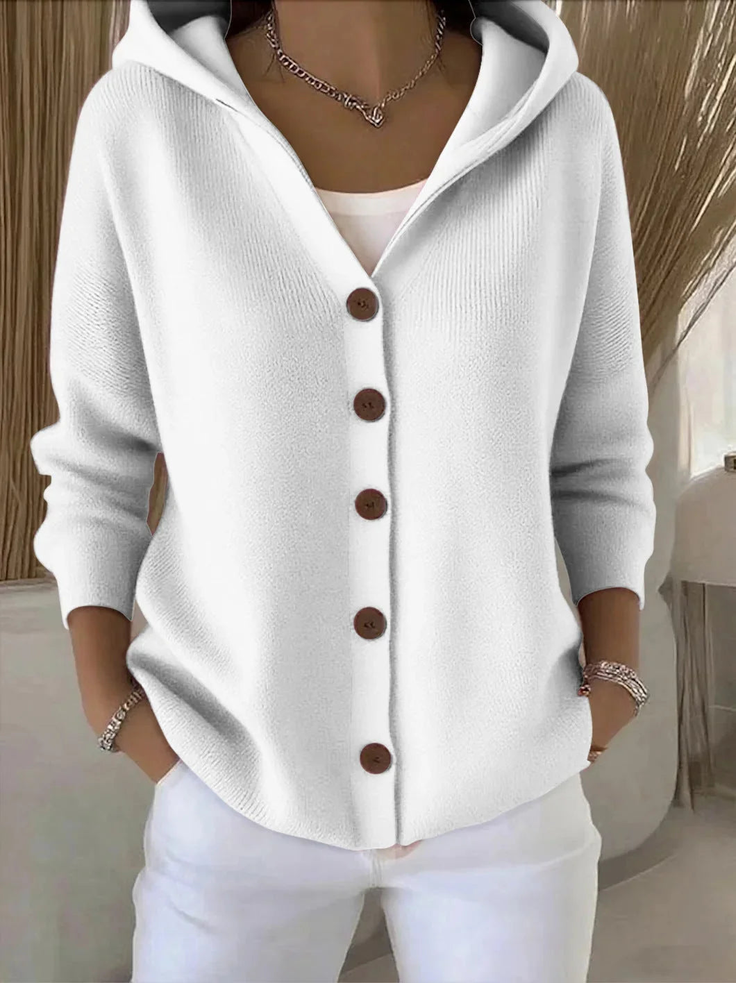 Gray Women's Hooded Button-Front Cardigan — Henrietta Cozy Knit Relaxed-Fit - Close Up Button Detail