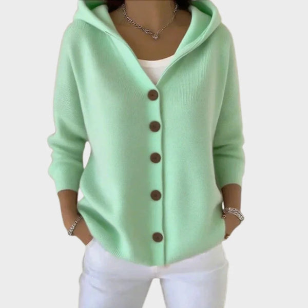 Green Women's Hooded Button-Front Cardigan — Henrietta Cozy Knit Relaxed-Fit - Front Full