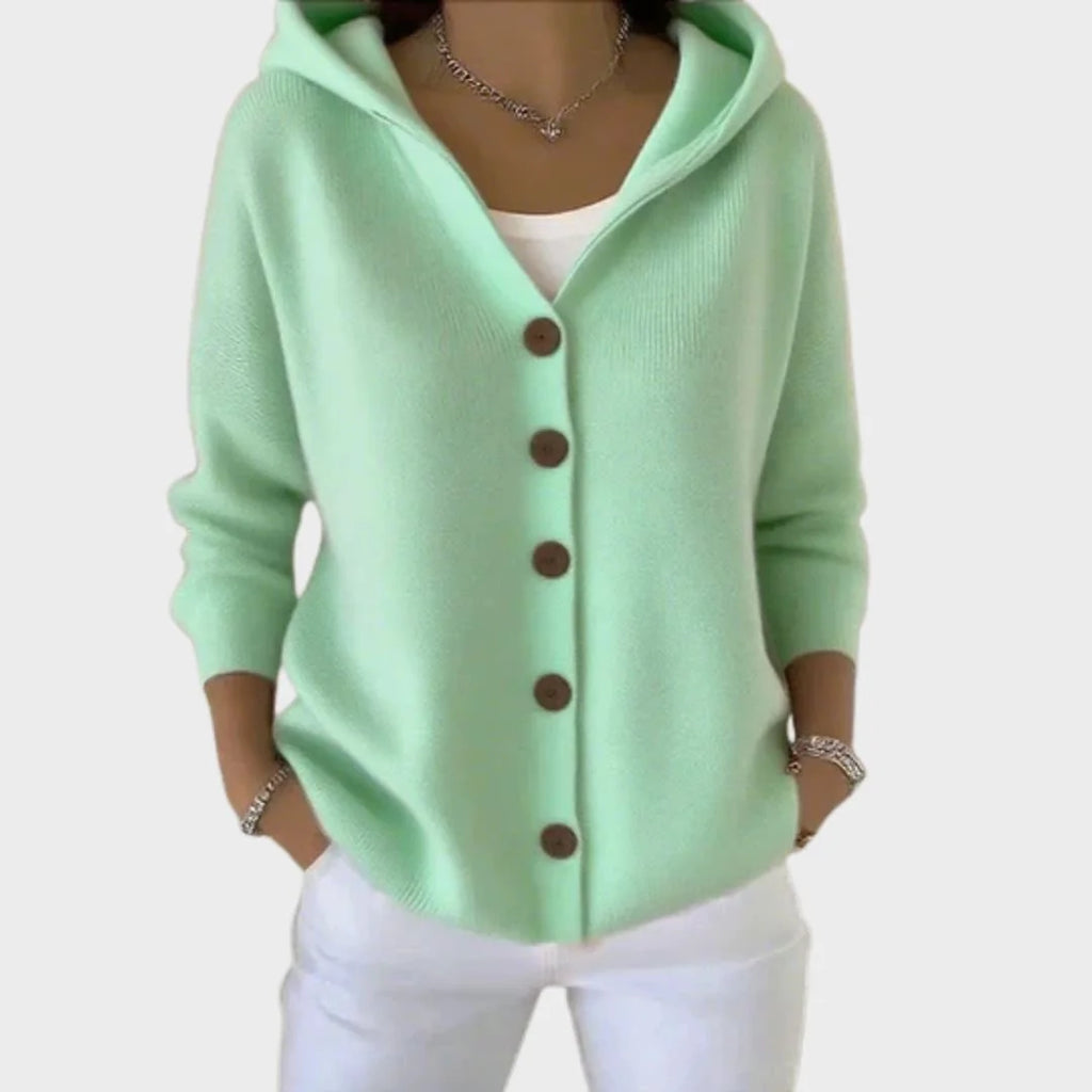 Green Women's Hooded Button-Front Cardigan — Henrietta Cozy Knit Relaxed-Fit - Front Full