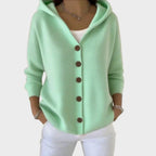 Green Women's Hooded Button-Front Cardigan — Henrietta Cozy Knit Relaxed-Fit - Front Full
