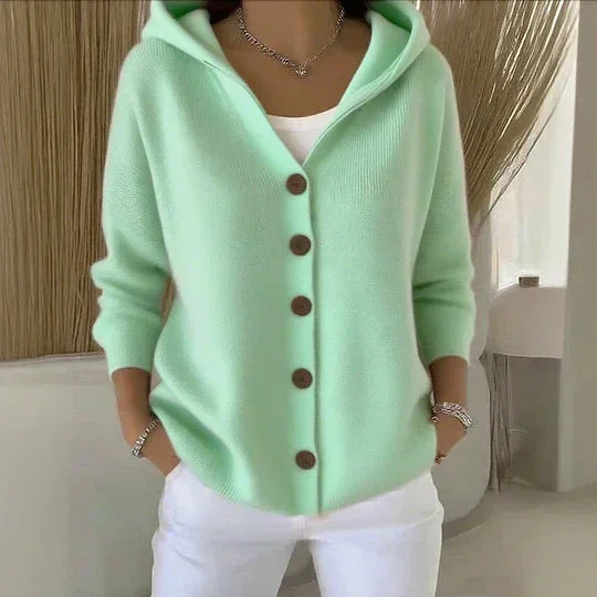 Green Women's Hooded Button-Front Cardigan — Henrietta Cozy Knit Relaxed-Fit - Side Pose