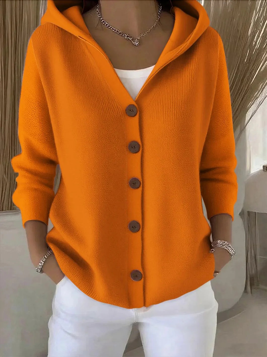 Orange Women's Hooded Button-Front Cardigan — Henrietta Cozy Knit Relaxed-Fit - Outdoor Pose