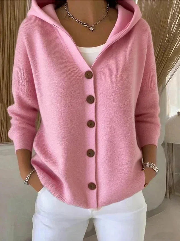 Pink Women's Hooded Button-Front Cardigan — Henrietta Cozy Knit Relaxed-Fit - Front Hood Detail