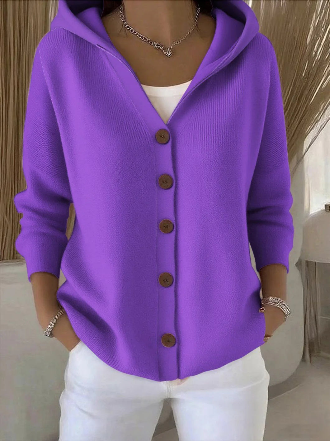Purple Women's Hooded Button-Front Cardigan — Henrietta Cozy Knit Relaxed-Fit - Hands In Pockets