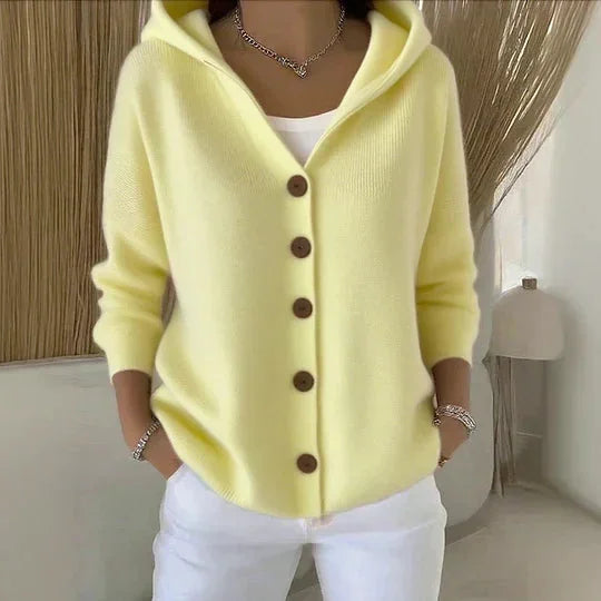 Yellow Women's Hooded Button-Front Cardigan — Henrietta Cozy Knit Relaxed-Fit - Studio White