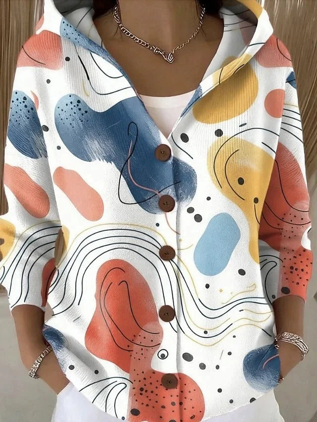 Beige Women's Relaxed Long Cardigan — Paloma Knit Hooded Button-Front - Front Full Abstract Print