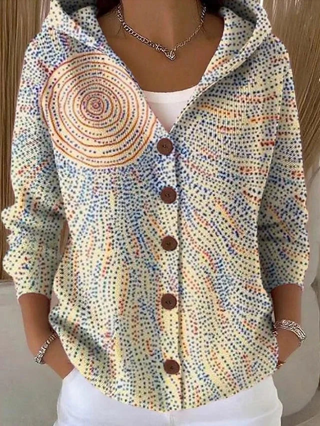 Beige Women's Relaxed Long Cardigan — Paloma Knit Hooded Button-Front - Front Full Dot Pattern
