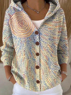 Beige Women's Relaxed Long Cardigan — Paloma Knit Hooded Button-Front - Front Full Dot Pattern