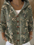 Dark Green Women's Relaxed Long Cardigan — Paloma Knit Hooded Button-Front - Front Full Floral