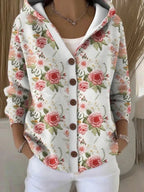 Pink Women's Relaxed Long Cardigan — Paloma Knit Hooded Button-Front - Front Full Floral Roses