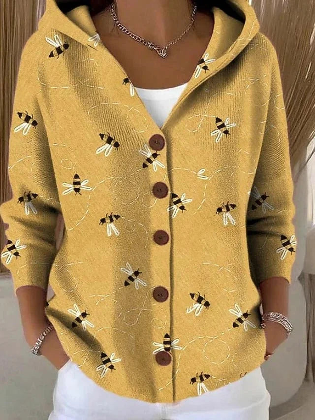 Yellow Women's Relaxed Long Cardigan — Paloma Knit Hooded Button-Front - Front Full Bee Print