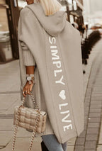 Beige Women's Long Cardigan with Hooded Ribbed Knit & Pockets — Aida