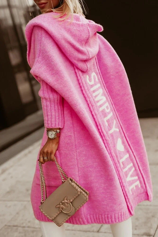 Pink Women's Long Cardigan with Hooded Ribbed Knit & Pockets — Aida