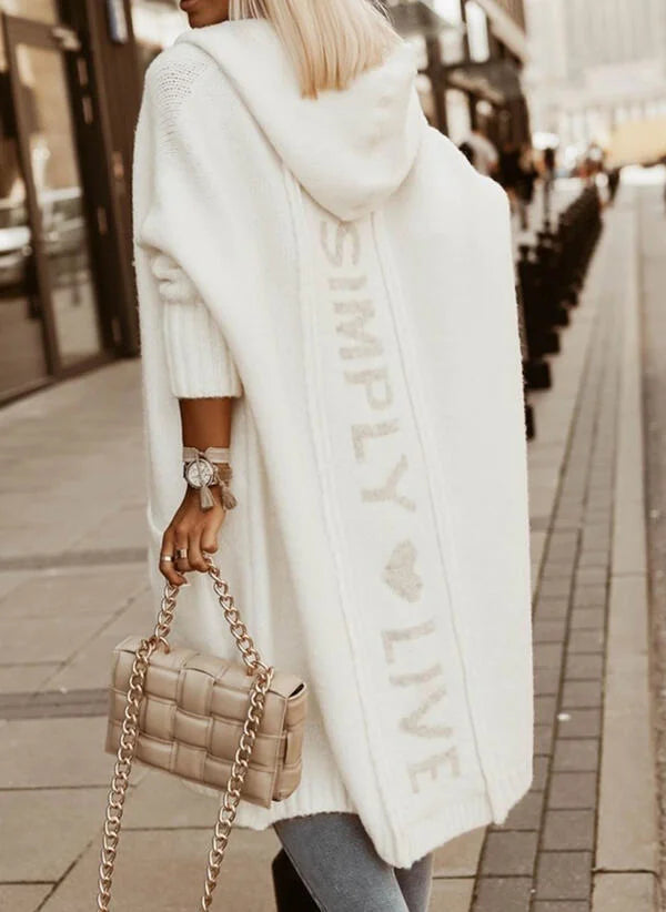 White Women's Long Cardigan with Hooded Ribbed Knit & Pockets — Aida - Back Hooded Pose