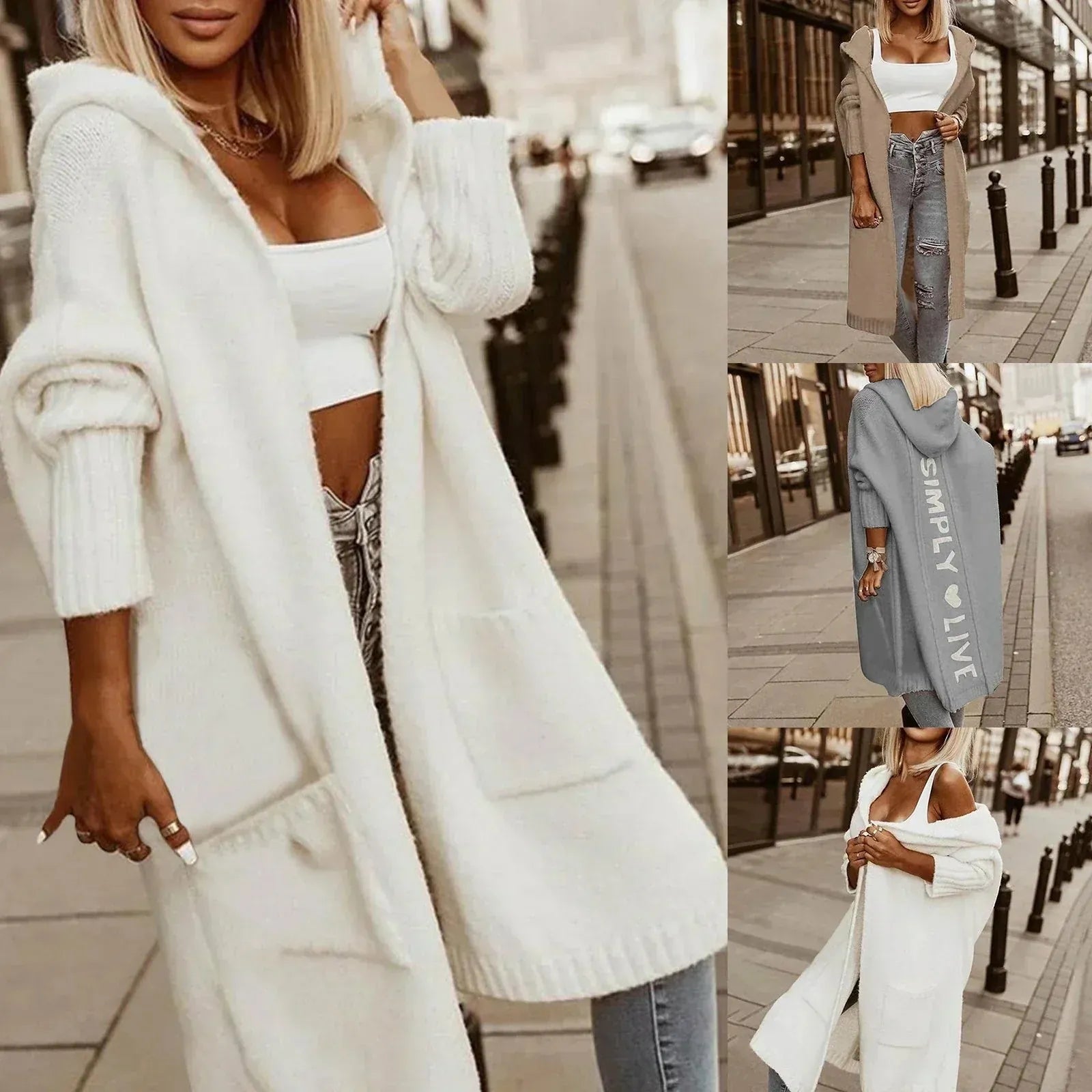White Women's Long Cardigan with Hooded Ribbed Knit & Pockets — Aida - Front Closeup Collage