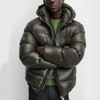 Men's Hooded Puffer Jacket with Glossy Finish & Regular Fit - Green Arms Crossed Front