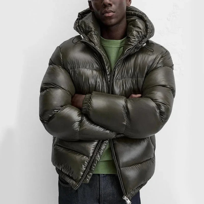 Men's Hooded Puffer Jacket with Glossy Finish & Regular Fit - Green Arms Crossed Front