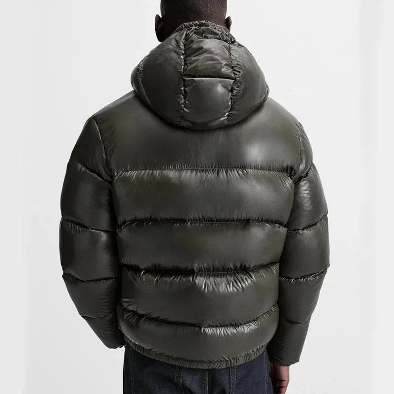 Men's Hooded Puffer Jacket with Glossy Finish & Regular Fit - Green Back Full