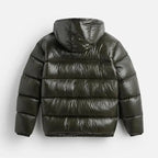 Men's Hooded Puffer Jacket with Glossy Finish & Regular Fit - Green Flat Lay Back