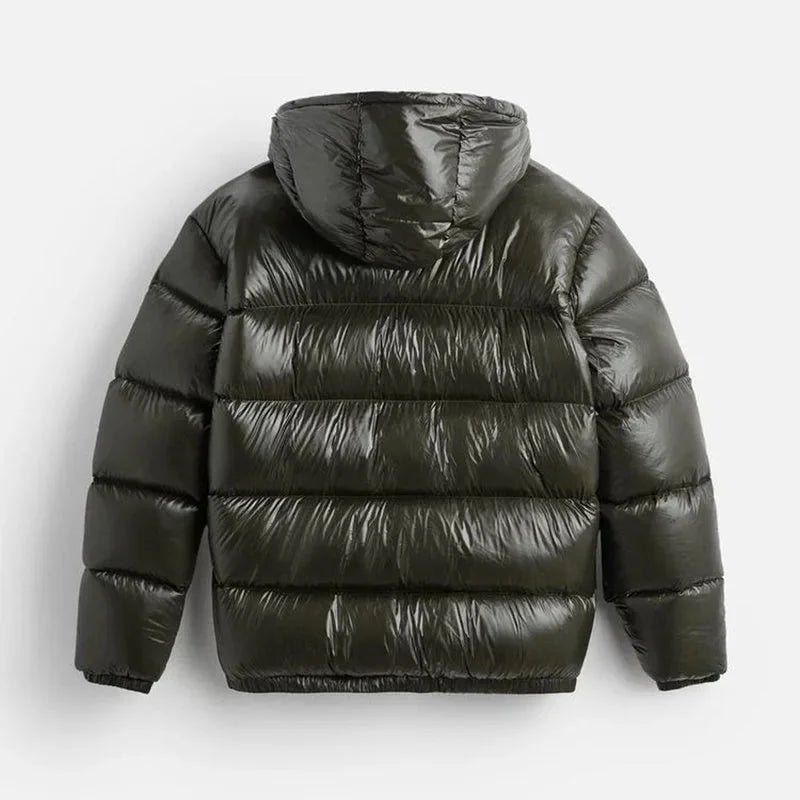 Men's Hooded Puffer Jacket with Glossy Finish & Regular Fit - Green Flat Lay Back