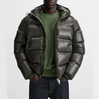 Army Green Men's Hooded Puffer Jacket with Glossy Finish & Regular Fit - Front Full