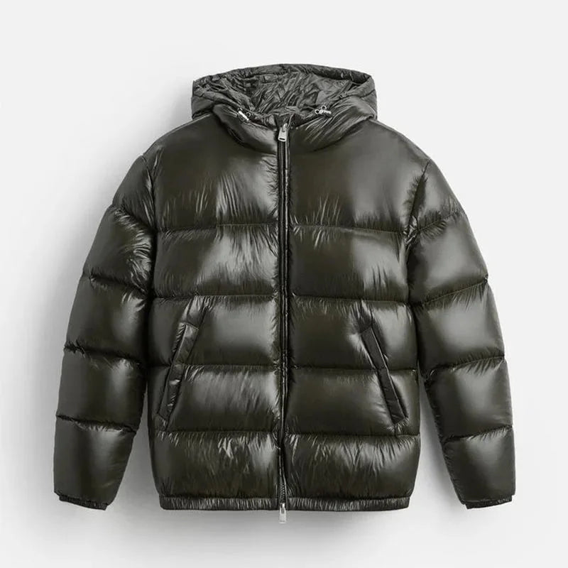 Men's Hooded Puffer Jacket with Glossy Finish & Regular Fit - Green Product Shot Front