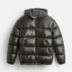 Men's Hooded Puffer Jacket with Glossy Finish & Regular Fit - Green Product Shot Front