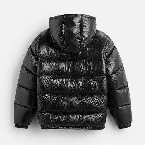 Men's Hooded Puffer Jacket with Glossy Finish & Regular Fit - Back Flat Crop