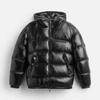 Men's Hooded Puffer Jacket with Glossy Finish & Regular Fit - Flat Lay Front