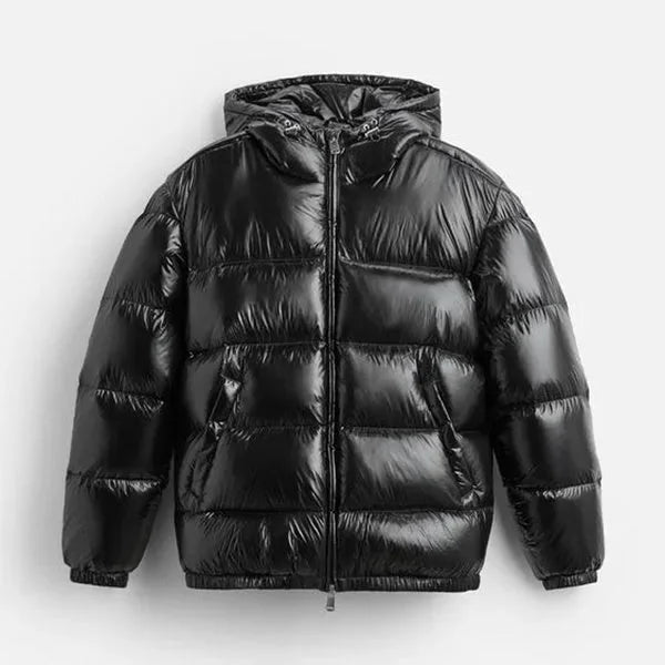 Men's Hooded Puffer Jacket with Glossy Finish & Regular Fit - Flat Lay Front