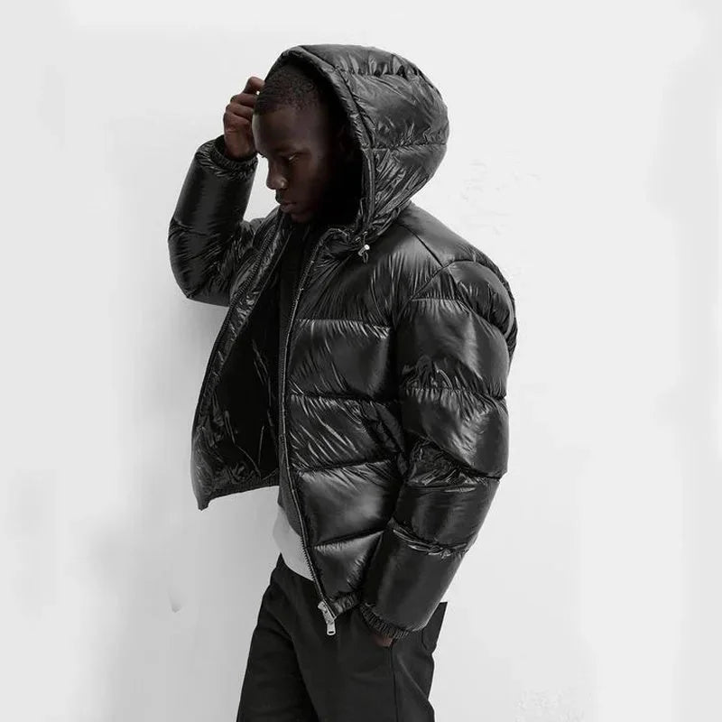 Men's Hooded Puffer Jacket with Glossy Finish & Regular Fit - Side Profile