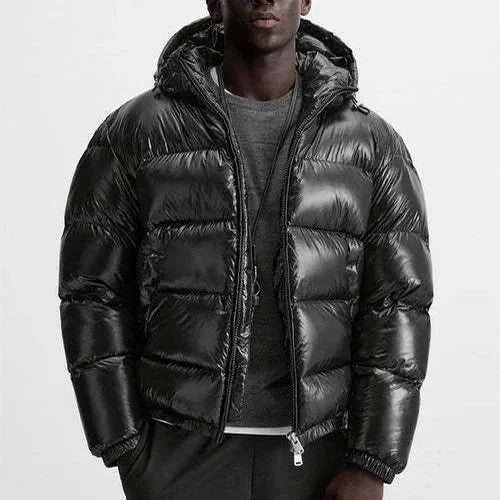 Black Men's Hooded Puffer Jacket with Glossy Finish & Regular Fit