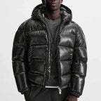 Black Men's Hooded Puffer Jacket with Glossy Finish & Regular Fit