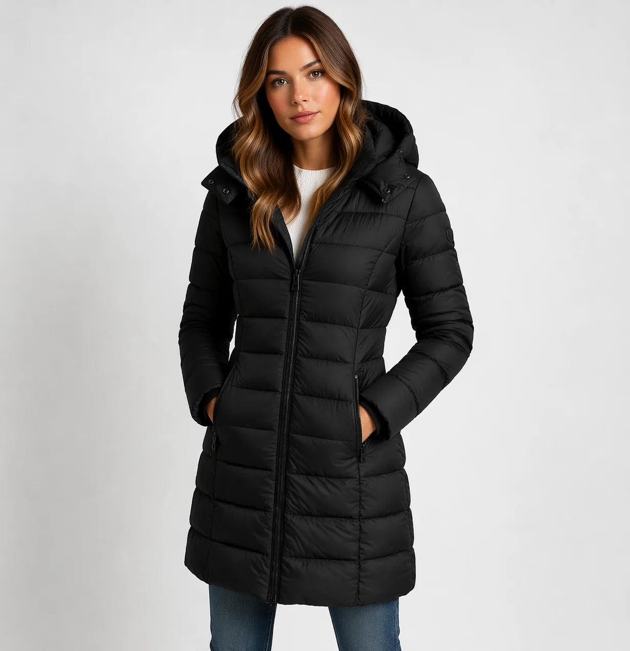 Black Women's Hooded Puffer Jacket with Quilted Panels & Zip Pockets — Delphine