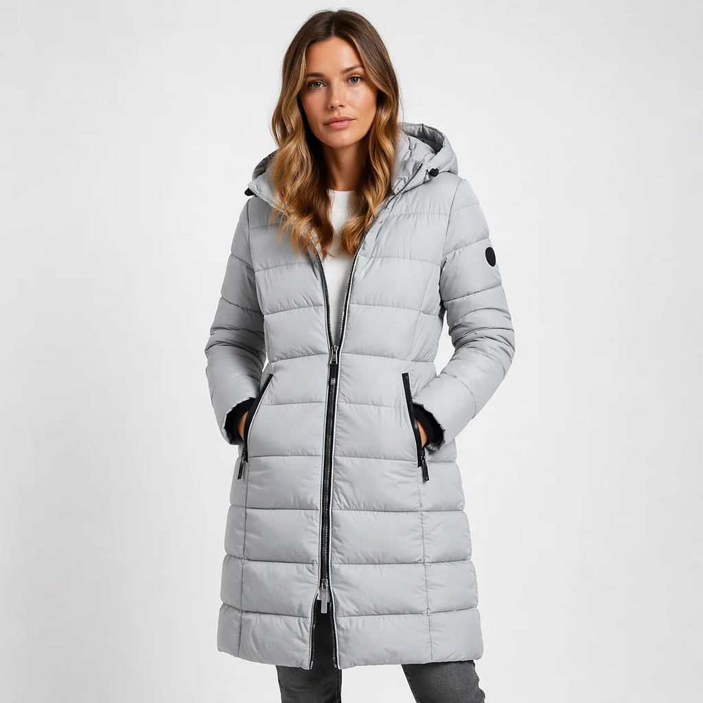 Grey Women's Hooded Puffer Jacket with Quilted Panels & Zip Pockets — Delphine