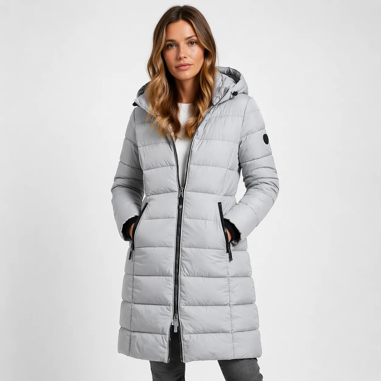 Grey Women's Hooded Puffer Jacket with Quilted Panels & Zip Pockets — Delphine