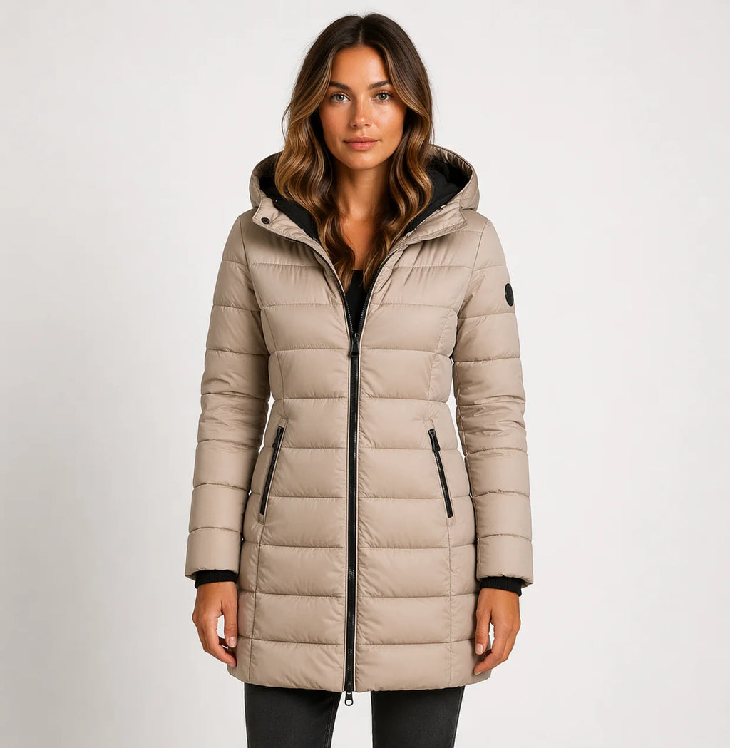 Khaki Women's Hooded Puffer Jacket with Quilted Panels & Zip Pockets — Delphine