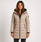 Khaki Women's Hooded Puffer Jacket with Quilted Panels & Zip Pockets — Delphine