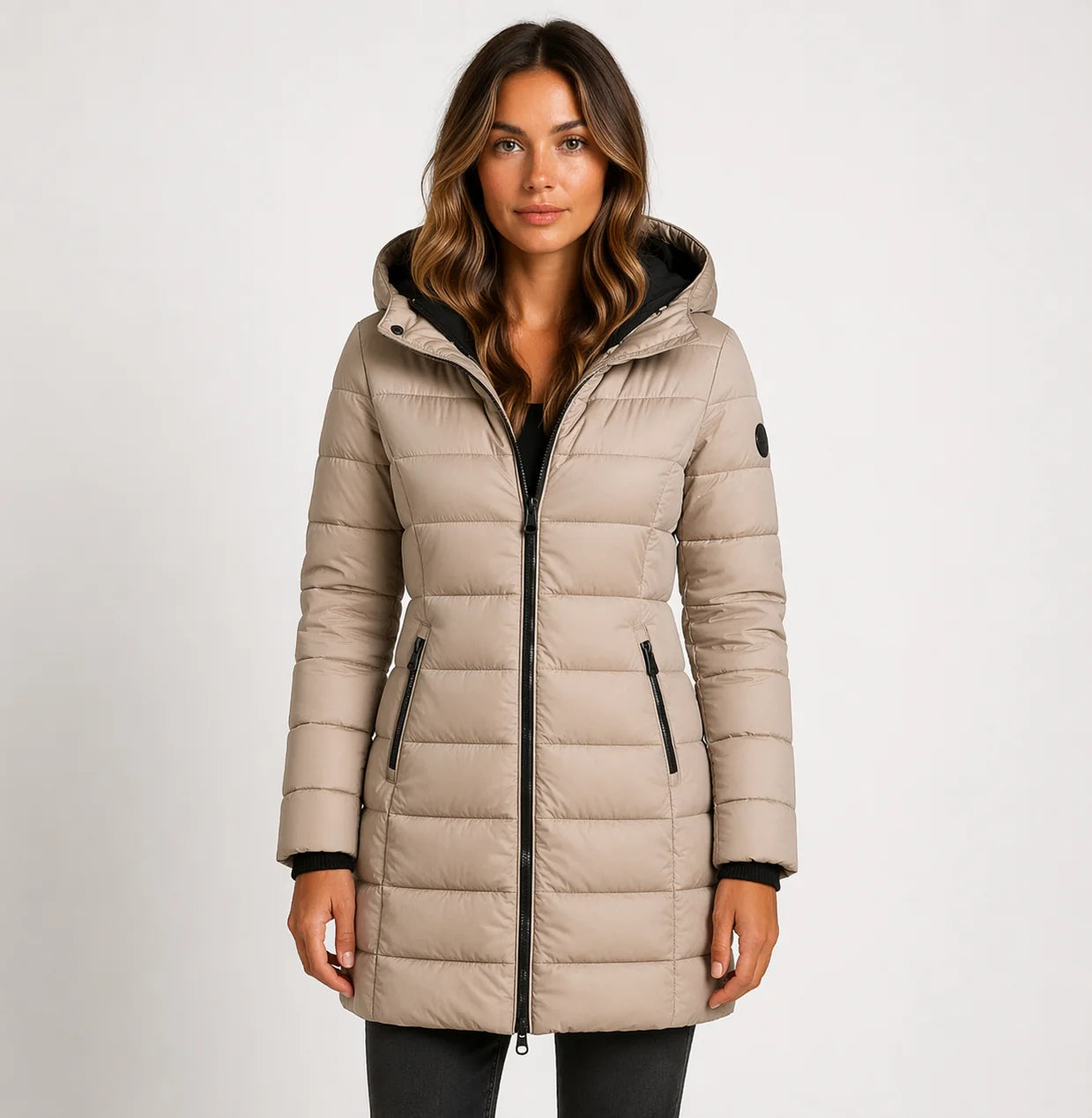 Khaki Women's Hooded Puffer Jacket with Quilted Panels & Zip Pockets — Delphine