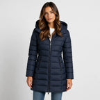 Navy Blue Women's Hooded Puffer Jacket with Quilted Panels & Zip Pockets — Delphine