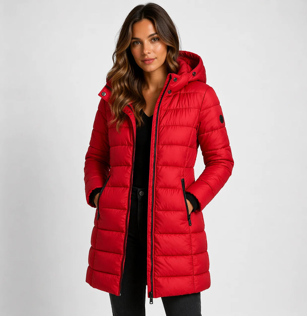 Red Women's Hooded Puffer Jacket with Quilted Panels & Zip Pockets — Delphine