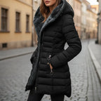 Black Women's Quilted Winter Coat with Hooded Design & Zip Pockets