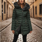 Green Women's Quilted Winter Coat with Hooded Design & Zip Pockets