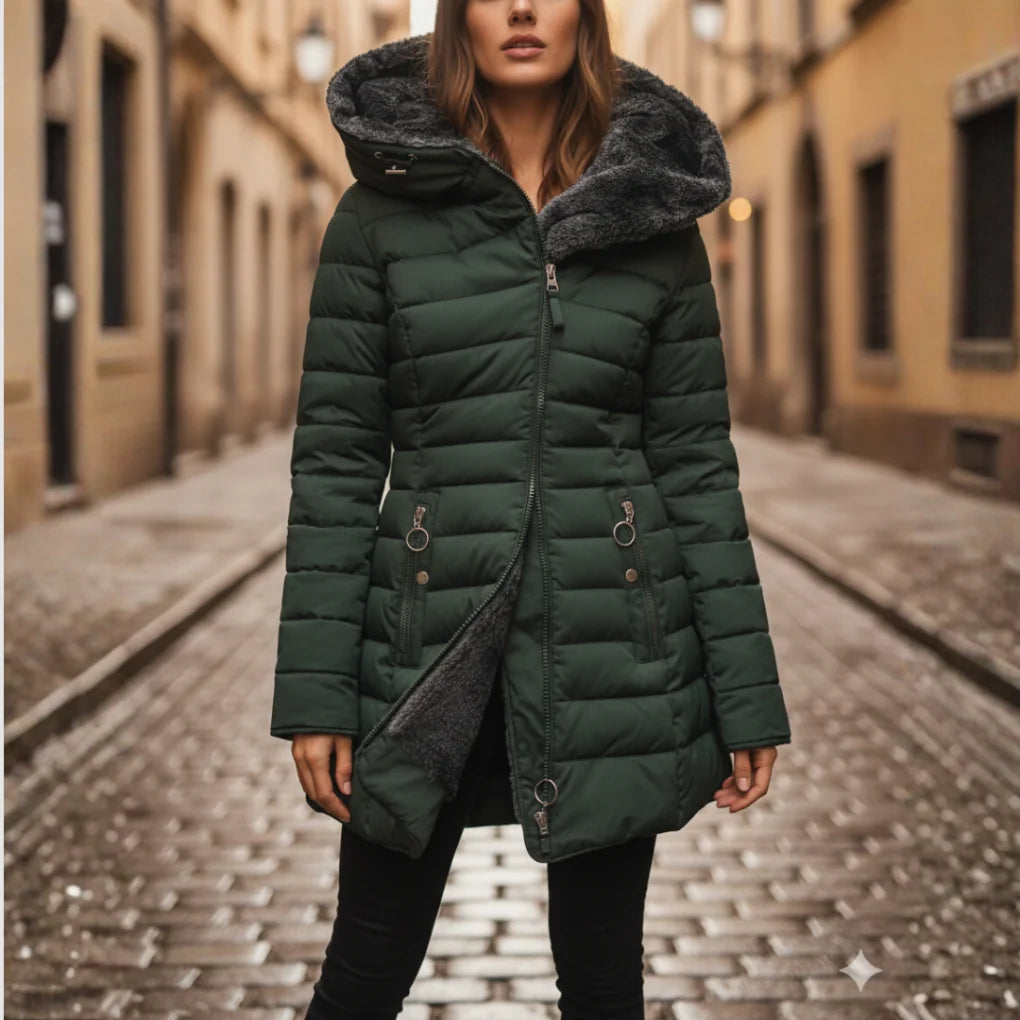 Green Women's Quilted Winter Coat with Hooded Design & Zip Pockets