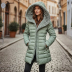 Light Green Women's Quilted Winter Coat with Hooded Design & Zip Pockets